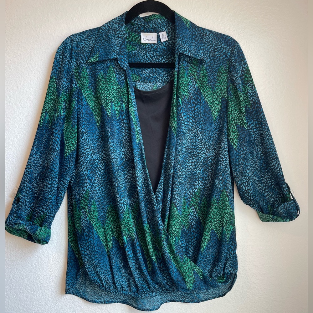 Kim Rodgers Teal and Green Patterned Faux-Wrap Blouse